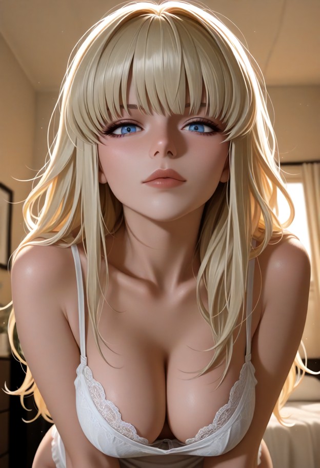 she is leaning forward facing viewer,white silk camisole,thin lace bra,cozy dimly lit room,soft warm light,blurry bac…