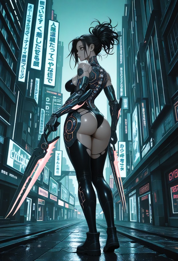 a cinematic cyberpunk action scene set in a futuristic neon city park. in the center,a fierce cyberpunk woman is exte…