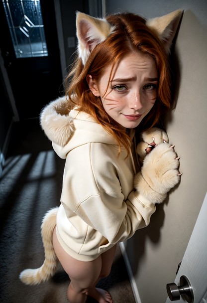 Location: dim suburban hallway at night, with soft shadows stretching across the floor and moonlight filtering throug…