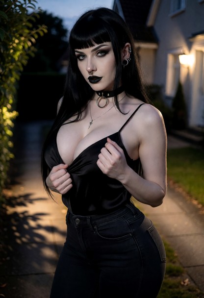 Location: evening outside a quiet house with soft ambient street lighting casting long shadows on the paved driveway …