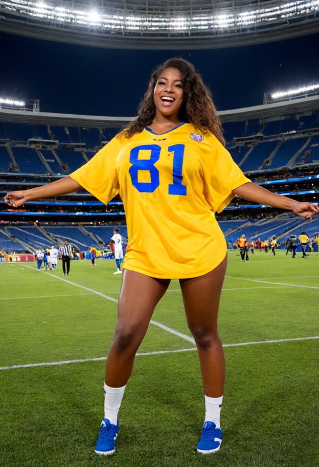nyla is twirling with an open mouth,aisha is standing with legs spread apart and a wide grin,oversized yellow footbal…