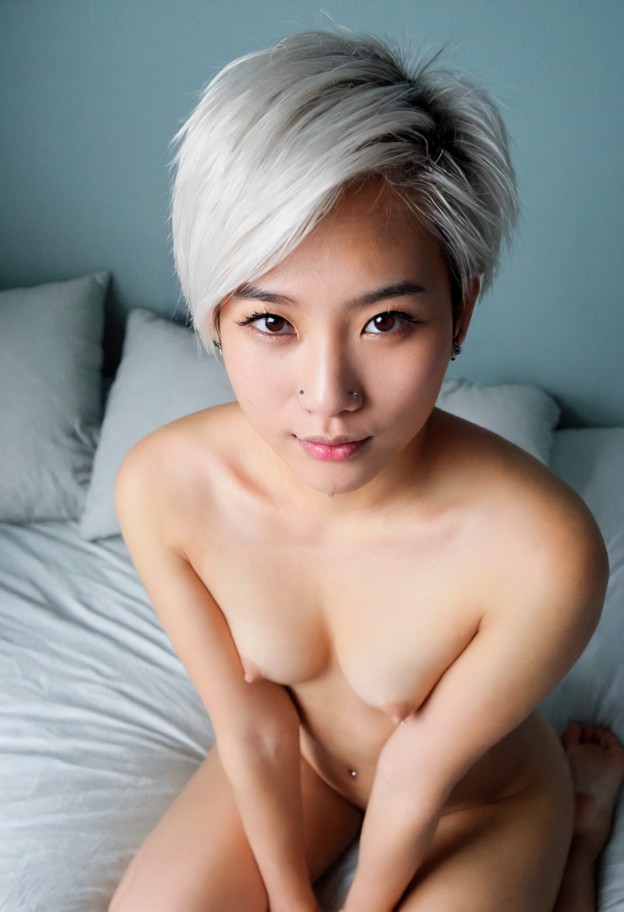 1girl,solo,sitting on knees,topless,squezing boobs with hands,blushing,naked,fully naked,shy,shy smile,blushing cheek…