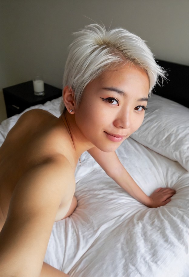 1girl,solo,arched back,head on bed,ass up,view on pussy,naked,fully naked,shy,shy smile,blushing cheeks,gentle look,1…