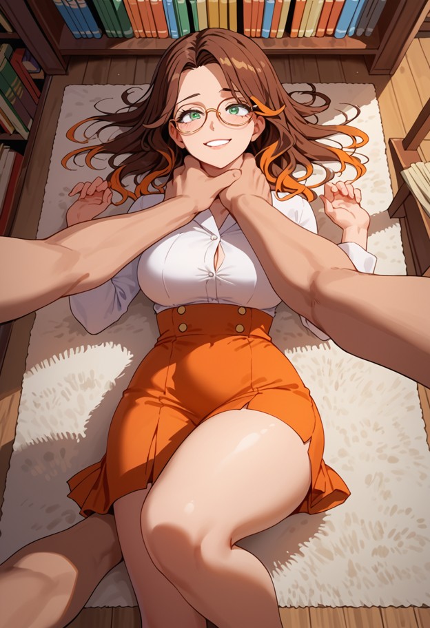 librarian outfit,blouse,skirt,glasses,classic style,1girl,1guy,choking woman,lying on back,hands around neck,orgasmic…