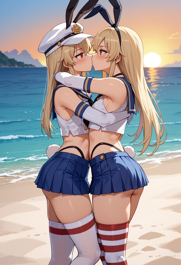 she is,kissing a man,hugging,she is wrapping legs around man,arms around neck,blushing,blue and white sailor crop top…