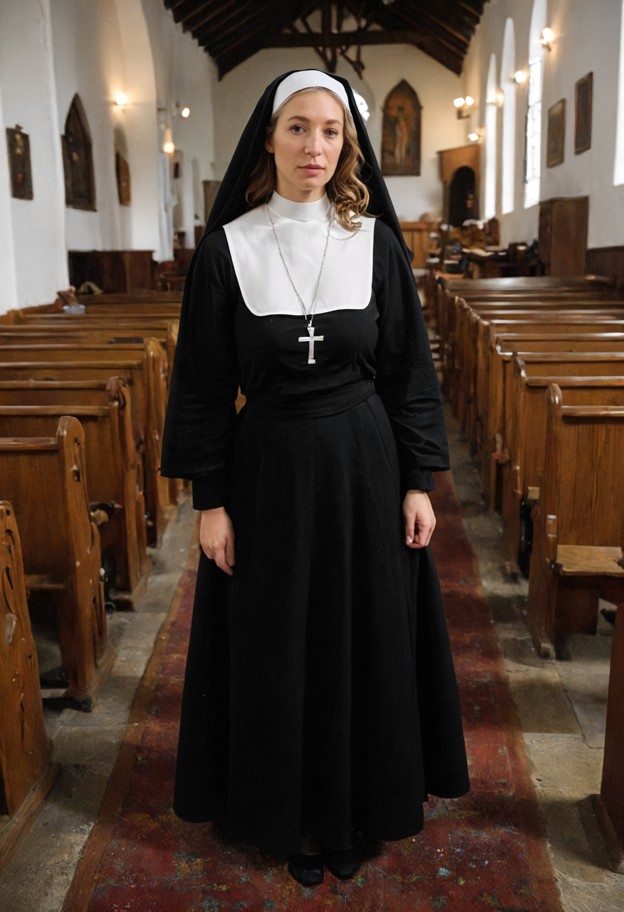 nun_outfit,sexy_nun,black_habit,white_veil,nun_costume,sad,sad eyes,slight frown,emotional expression,full-body view,…