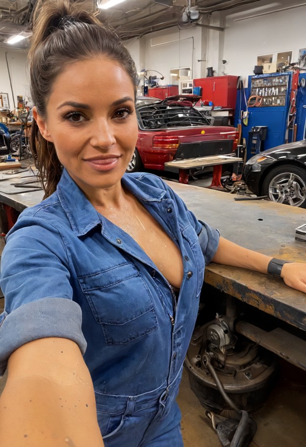 she is is leaning against a metal workbench while spinning a wrench,blue denim oil-stained jumpsuit,rolled sleeves,me…