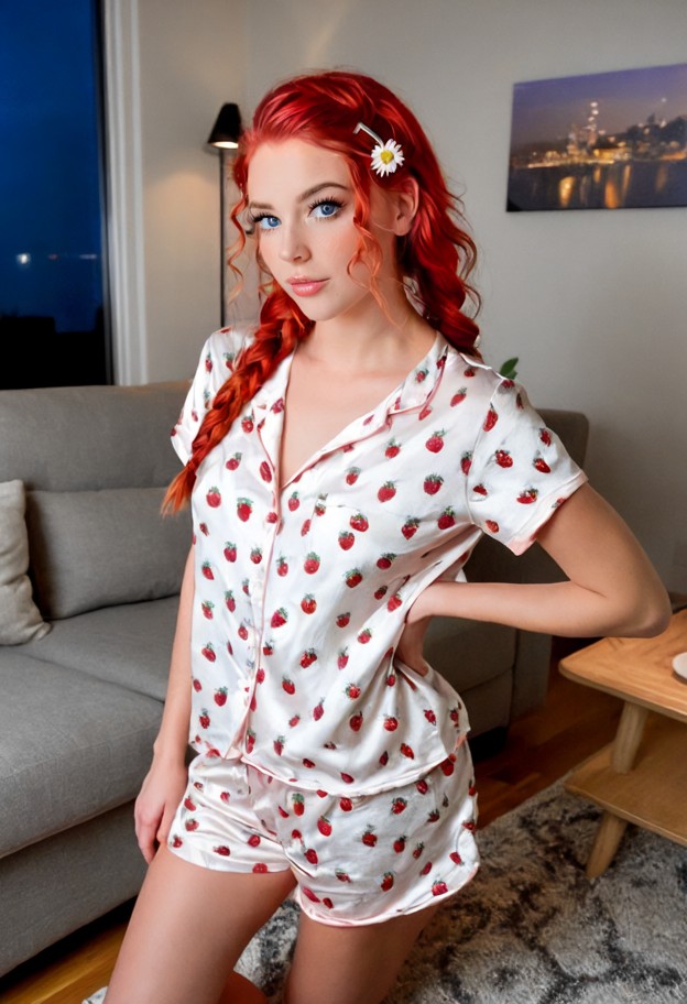 eye-level shot,natural perspective,direct view,pajamas,cute_pajamas,silk_pajamas,sleepwear,living room,sofa,carpet,co…