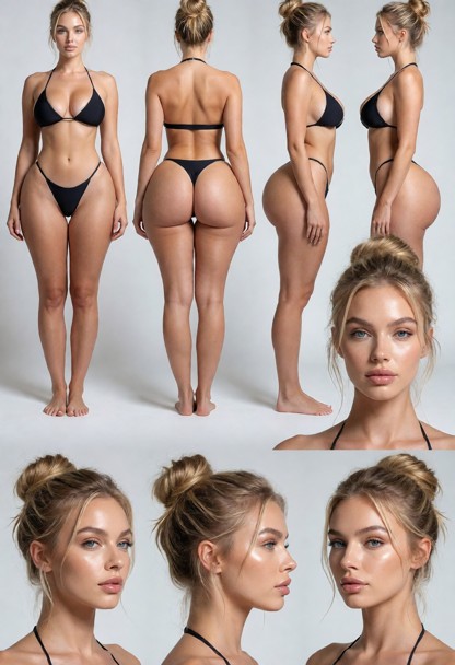 Skin must be clean and flawless: no tattoos, no scars, no marks, no blemishes. Wearing a minimal bikini black, perfec…