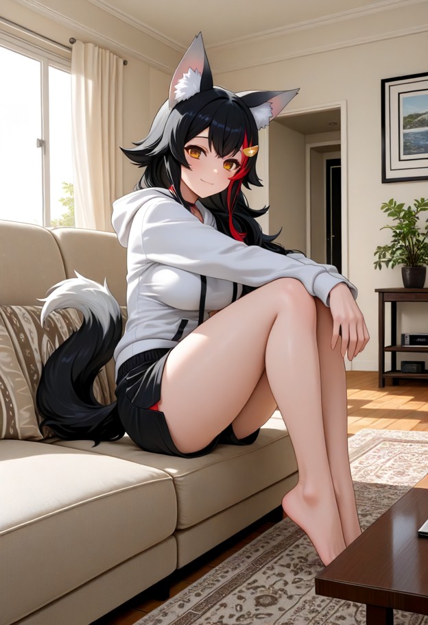 1girl,solo,sitting on couch,white and black hoodie,black shorts,looking at camera,warm smile,full-body view,head-to-t…