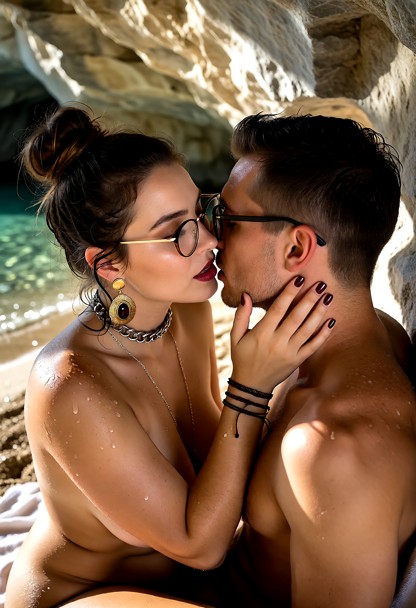 A sensual, sun-drenched portrait of a couple inside a cool, shaded stone cave near Lindos beach in Rhodes. The emeral…