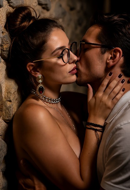 A cinematic, intimate street portrait of a beautiful couple sharing a passionate embrace in a hidden alcove of the me…