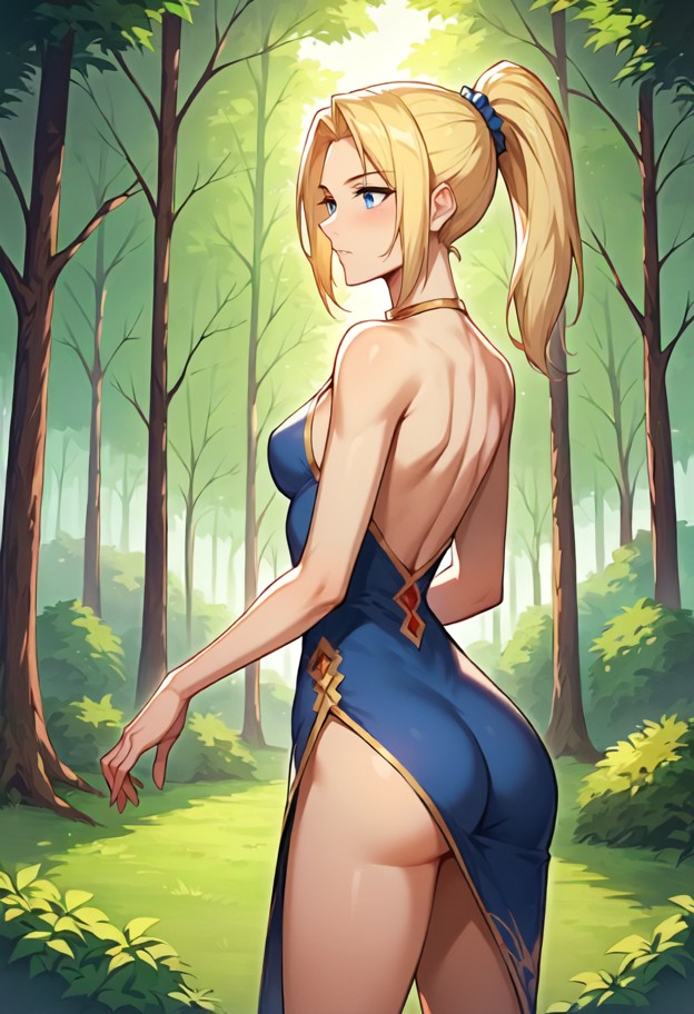 standing,she is is standing in the forest and stroking her dress,dark velvet dress,outdoor,forest,green grass,tall tr…