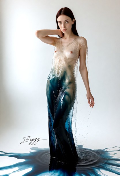 A gown of running water that changes colour down its own length, photographed as a fashion campaign picture in a whit…