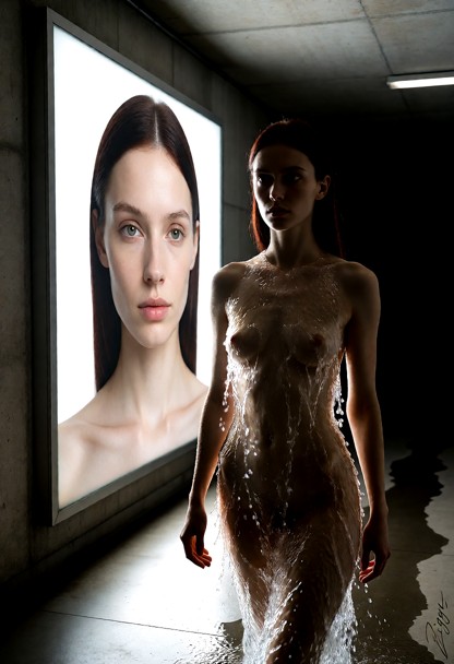 A backlit advertising lightbox is set into the wall of a long dark concrete corridor, and the picture inside it is a …
