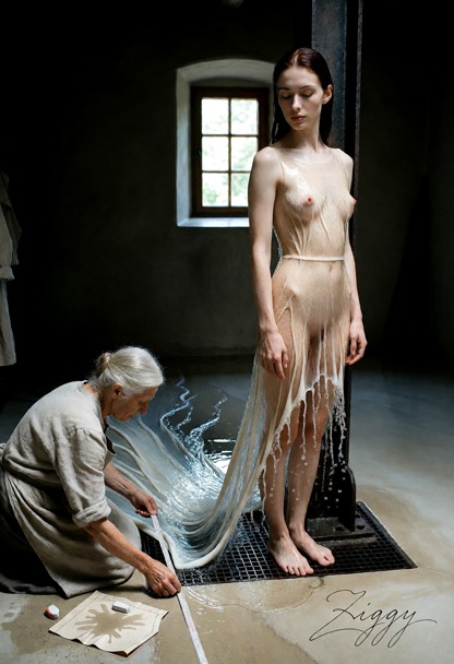 A stone fitting room, dark walls, one small window in the wall behind her. She stands in the right third of the frame…