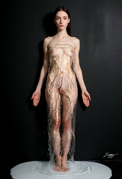 A gown made entirely of clear running water, photographed as a fashion campaign picture against a plain black wall. A…