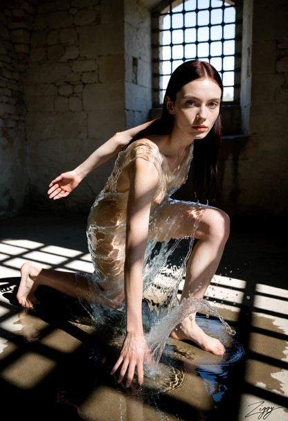 A gown made entirely of clear running water, photographed as a fashion campaign picture in a bare stone room with one…