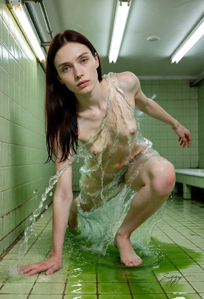 A gown made entirely of clear running water, photographed as a fashion campaign picture in an old institutional bathh…