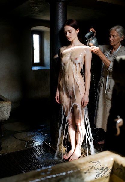A stone fitting room, dark walls, one small window. She stands in the right third of the frame, directly in front of …