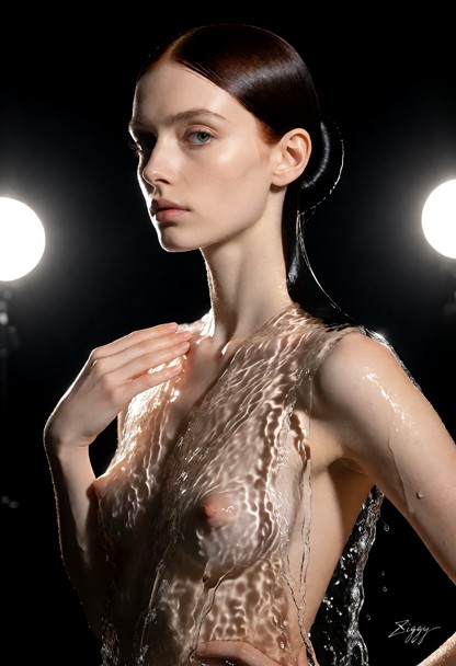 A gown made entirely of clear running water worn with the hair lacquered flat to the skull and swept back into one ha…
