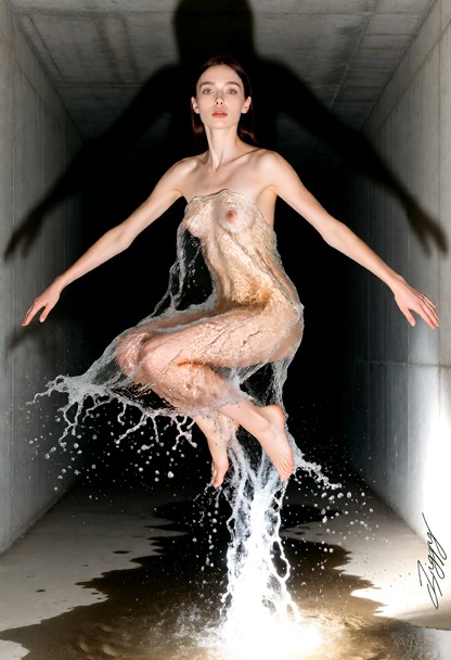 A gown made entirely of clear running water, photographed as a fashion campaign picture in a long bare concrete corri…