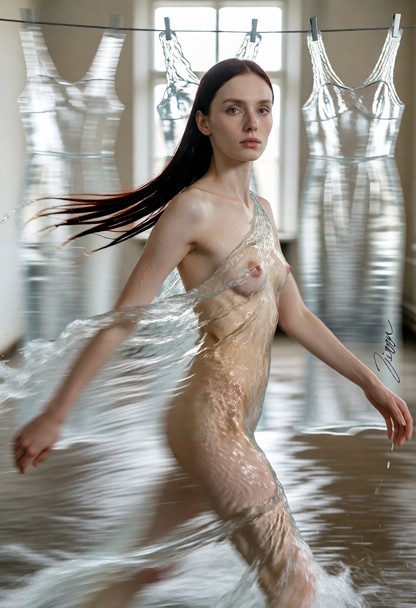 A gown made entirely of clear running water, photographed as a fashion campaign picture in an empty hall where three …