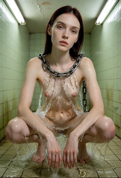 A gown made entirely of clear running water worn with one heavy steel chain lying across the collarbones, photographe…