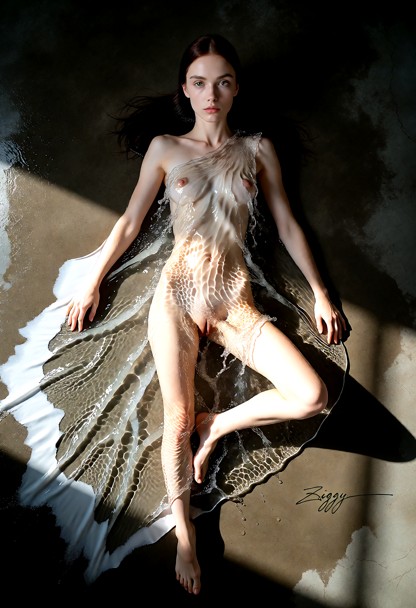 A gown made entirely of clear running water, photographed as a fashion campaign picture from straight overhead. A nak…