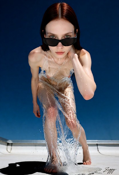 A gown made entirely of clear running water worn with flat black sunglasses, photographed as a fashion campaign pictu…