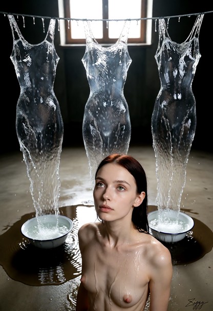 Three gowns made entirely of clear falling water hang side by side from a steel wire strung across an empty hall, eac…