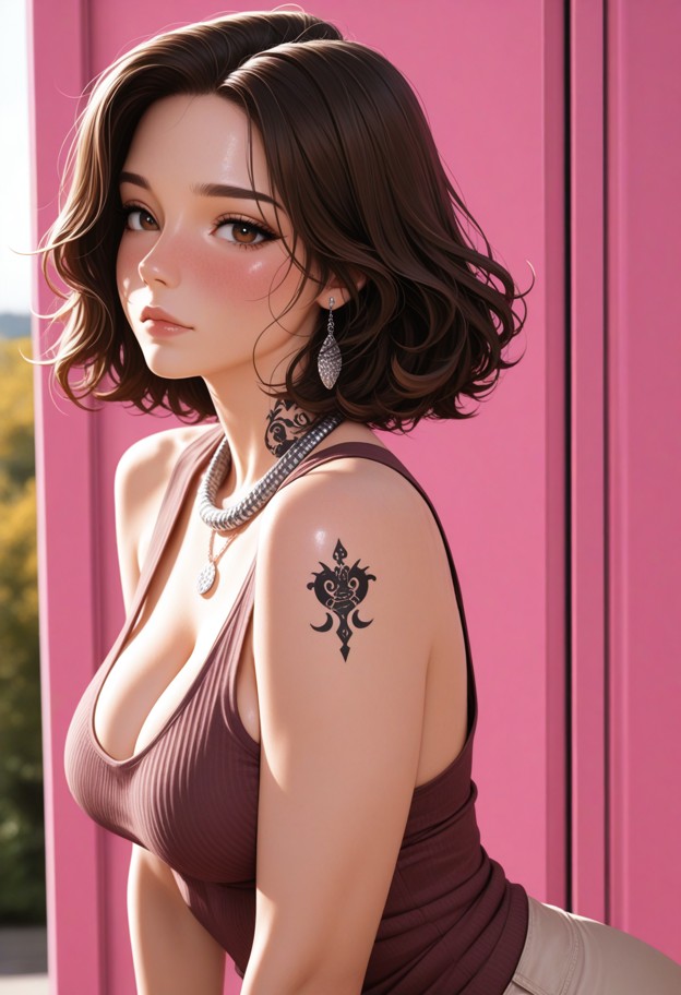 an anonymized close-up portrait of a woman with voluminous black curly hair,wearing a deep burgundy low-cut tank top.…