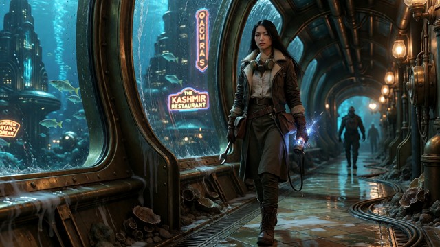 A cinematic photograph, rich with the distinct art deco and retro-futuristic aesthetic of BioShock. A woman stands on…