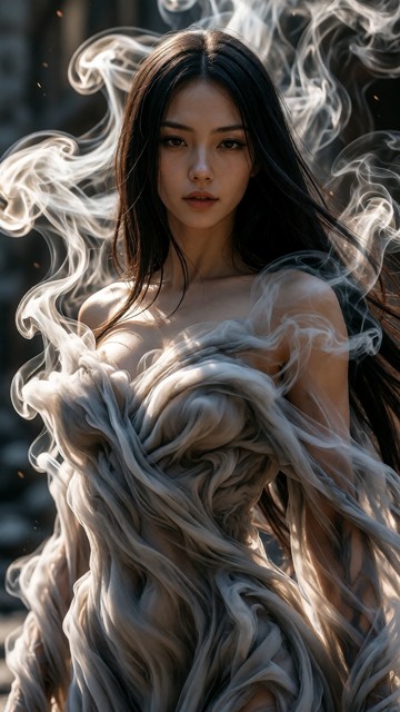 The image features a smoke-like representation of a woman, which appears to be a white and gray goddess. The smoke is…