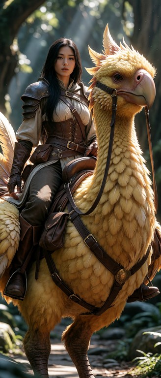 A hyper-detailed, cinematic masterpiece of a fantasy noblewoman riding a massive, majestic Chocobo through a sunlit, …