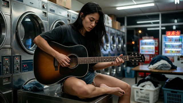 Candid, raw 16:9 wide shot of a young Japanese female musician practicing alone at 2 AM inside a neon-lit Tokyo coin …