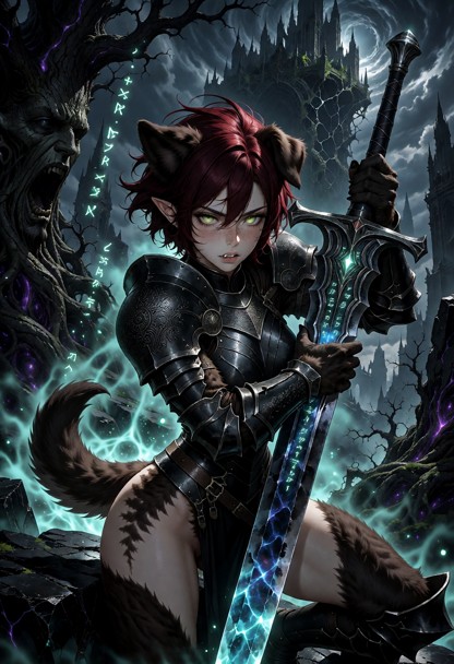 An epic dark fantasy portrait of a steadfast female warrior in a nightmarish, warped, and cursed environment. She sta…