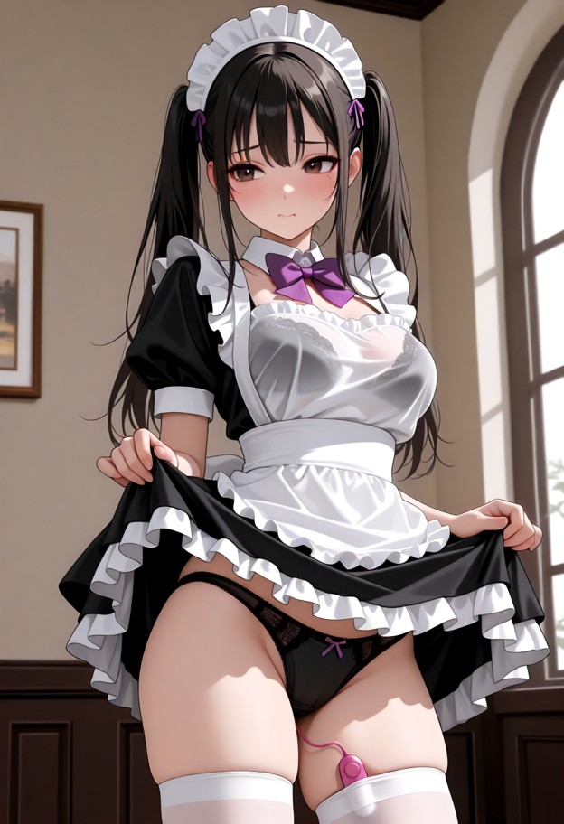 she is lifting her skirt,maid outfit,black dress,white apron,white thighhighs,white panties,bow panties,indoors,windo…