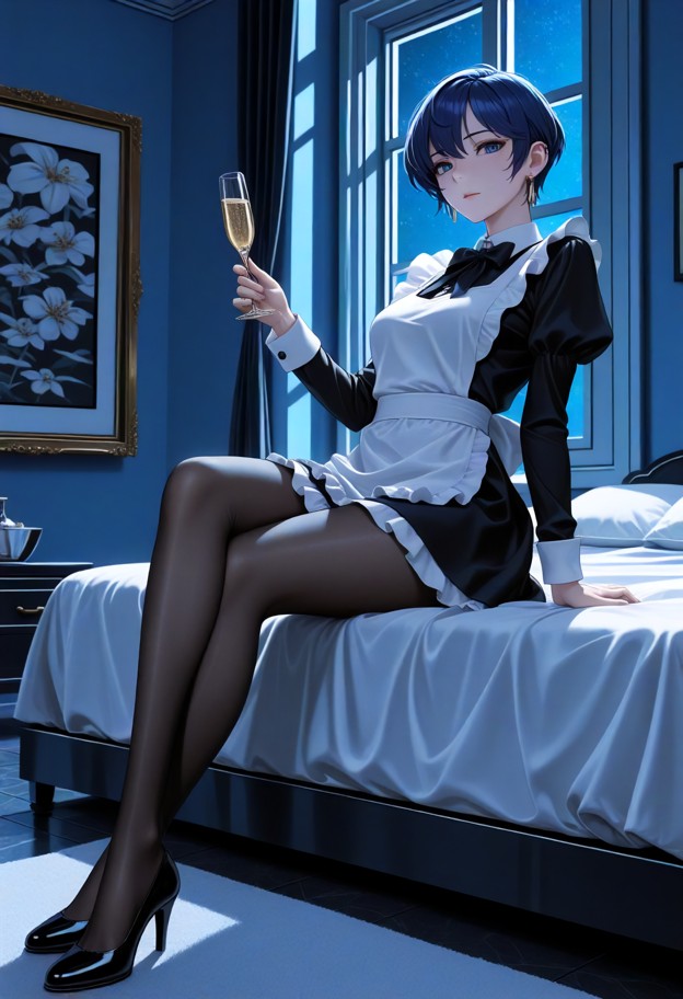 sitting on the edge of the satin bed holding a champagne glass,black mary jane shoes,luxurious penthouse bedroom,floo…