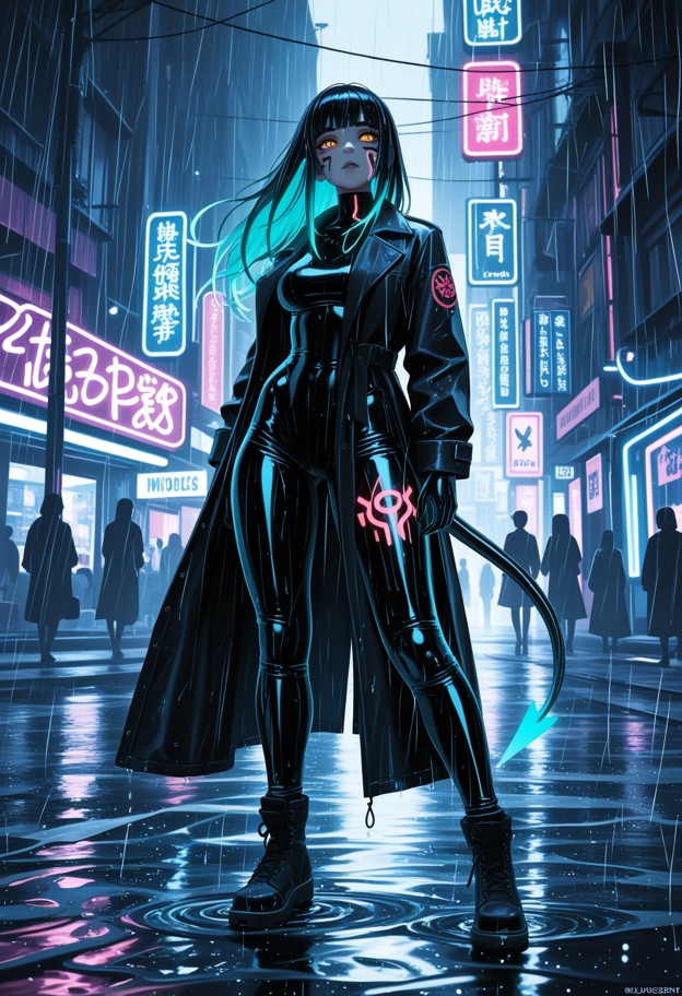 subject & expression:
a
 dynamic mid-shot of the woman in full motion,sprinting through a 
crowded cyberpunk night ma…