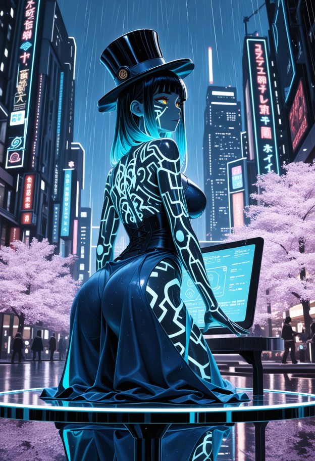 hyper-realistic cinematic shot of a cyberpunk mad hatter's tea party set
 in a neon-drenched urban park of night city…