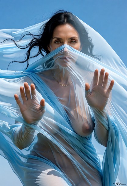 Fine-art fashion editorial photograph captured outdoors beneath an infinite cloudless summer sky. The entire backgrou…