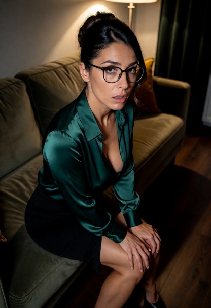 Location: night in a small, dimly lit apartment living room, where the only light comes from a soft, warm lamp in the…