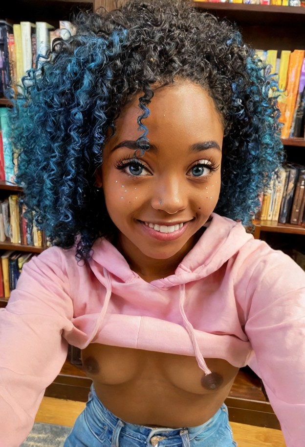 she is smiling,pastel pink cotton hoodie,dark denim jeans,library corner,wooden bookshelves,dark wood table,medium sh…
