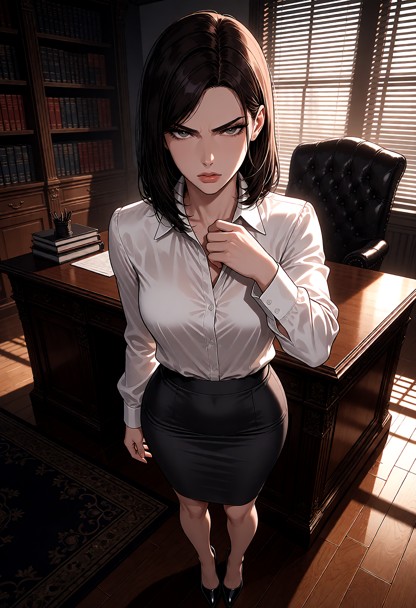 Location: a sunlit academic office with tall bookshelves, a heavy dark wood desk, and polished hardwood floors; soft …