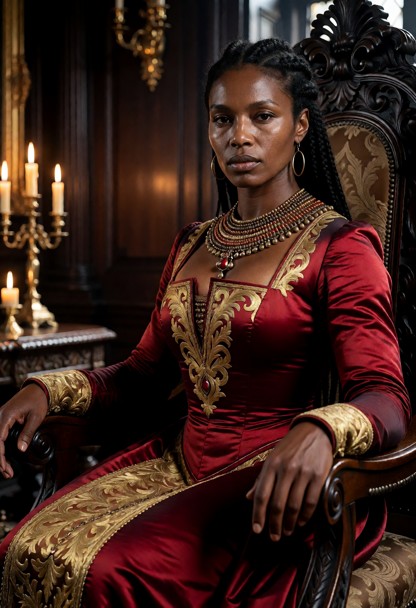 Location: a stately dimly lit chamber with heavy dark wood paneling, flickering candlelight casting long shadows, and…