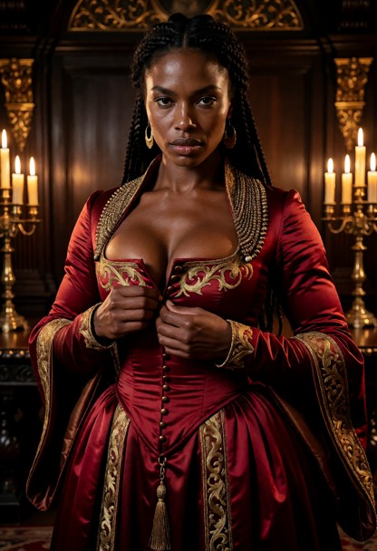 Location: a stately dimly lit chamber with heavy dark wood paneling, flickering candlelight casting long shadows, and…