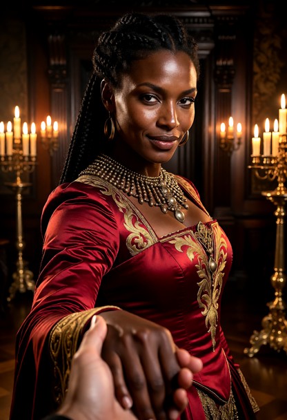 Location: a stately dimly lit chamber with heavy dark wood paneling, flickering candlelight casting long shadows, and…