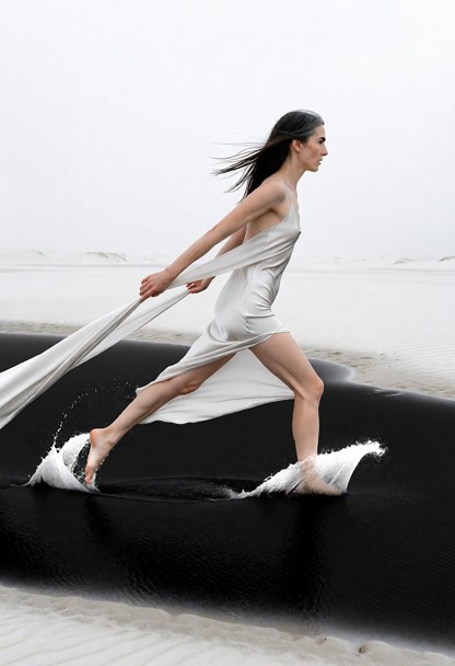 Location: a flat between white gypsum dunes after rain, under a flat white overcast sky with no sun, cold white sand …