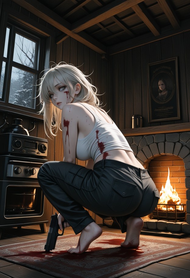 she is is crouching against the wooden wall holding a handgun,white tank top,blood on clothes,bandage on ribs,dark ca…